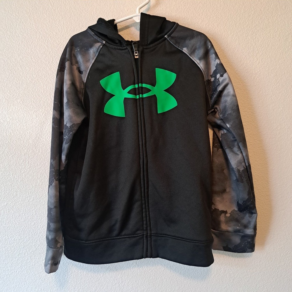 Under Armour‎ Boys Full Zip Hoodie Black Green Logo Camo Sleeves Size 7